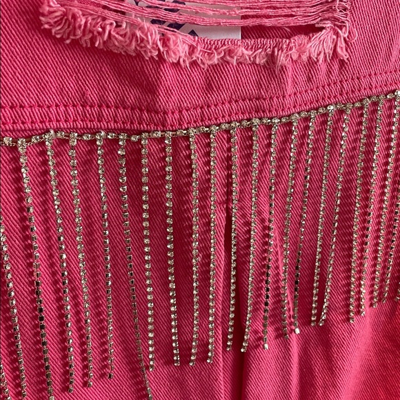 Pink Rhinestone Fringe Denim Jacket M/L - Picture 2 of 4